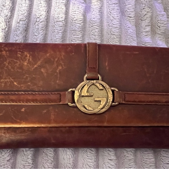 GUCCI Vintage Distressed Brown Fold Over Leather Wallet Multiple Slots Rare - Picture 3 of 15